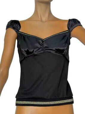D&G Silk Black V-Neck Top with Cap Sleeves XS